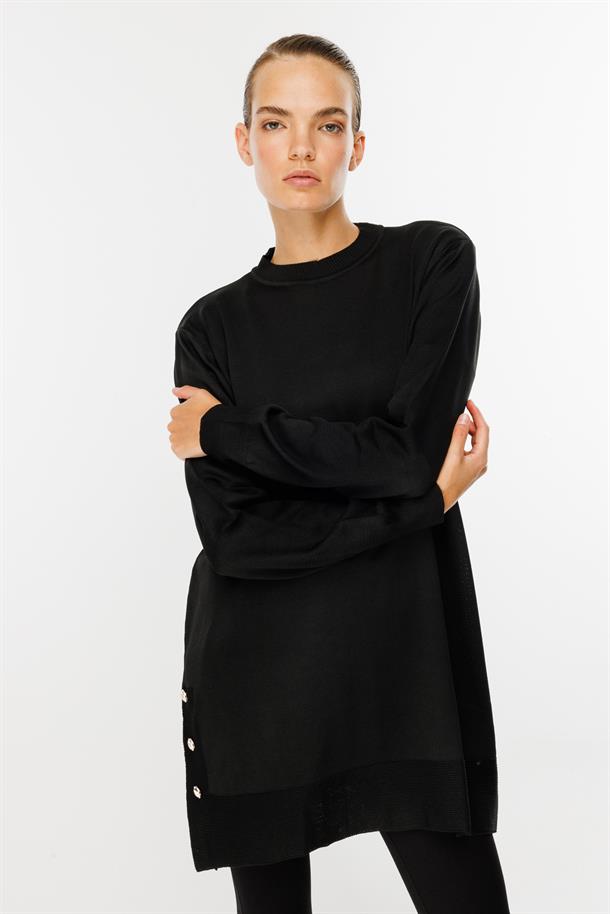 Yanları Düğmeli Triko Tunik-SİYAH