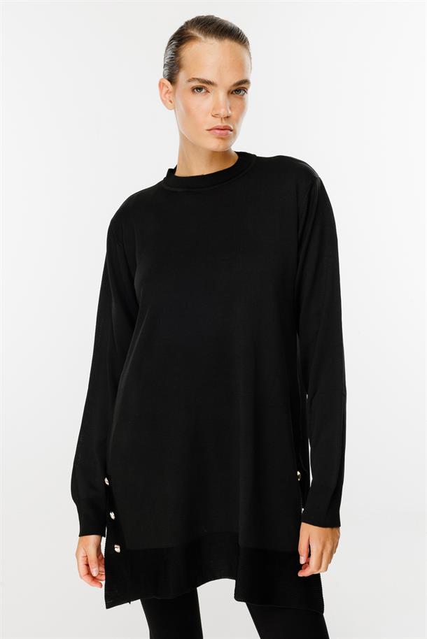 Yanları Düğmeli Triko Tunik-SİYAH