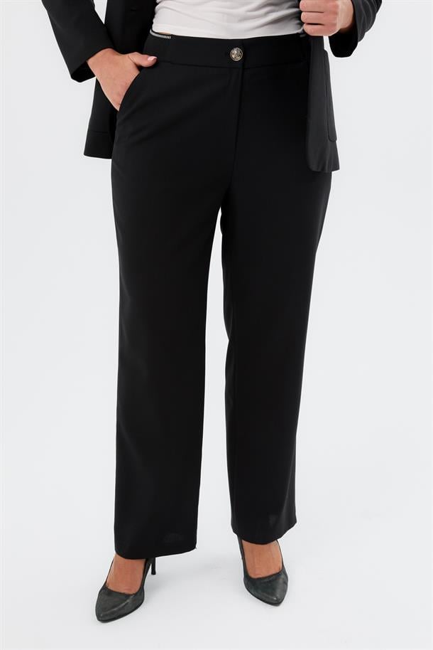 Yanları Lastikli Büyük Beden Pantolon-SİYAH