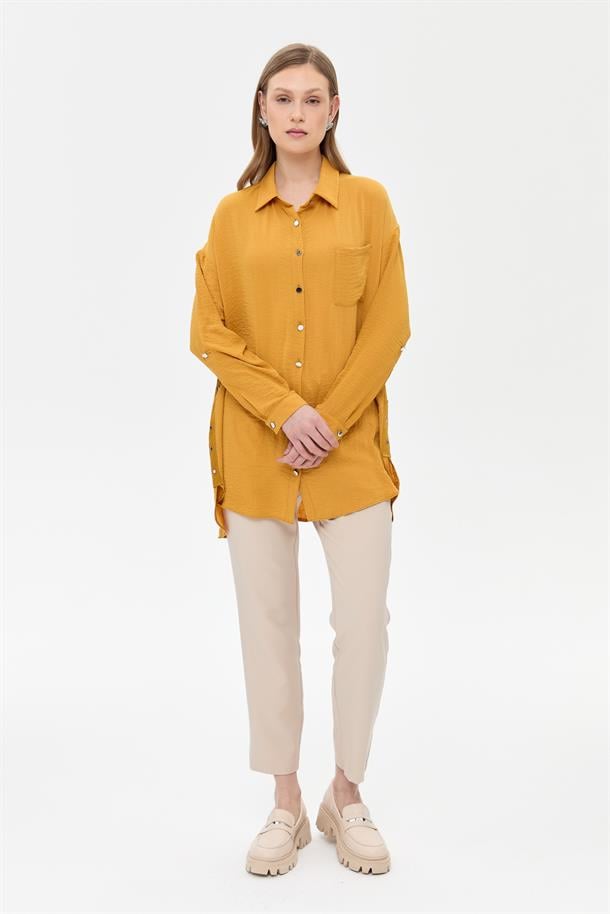 Yanları Zımba Detaylı Gömlek-HARDAL