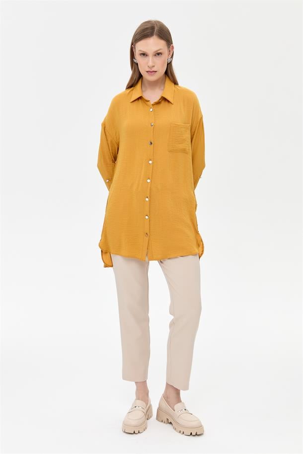 Yanları Zımba Detaylı Gömlek-HARDAL