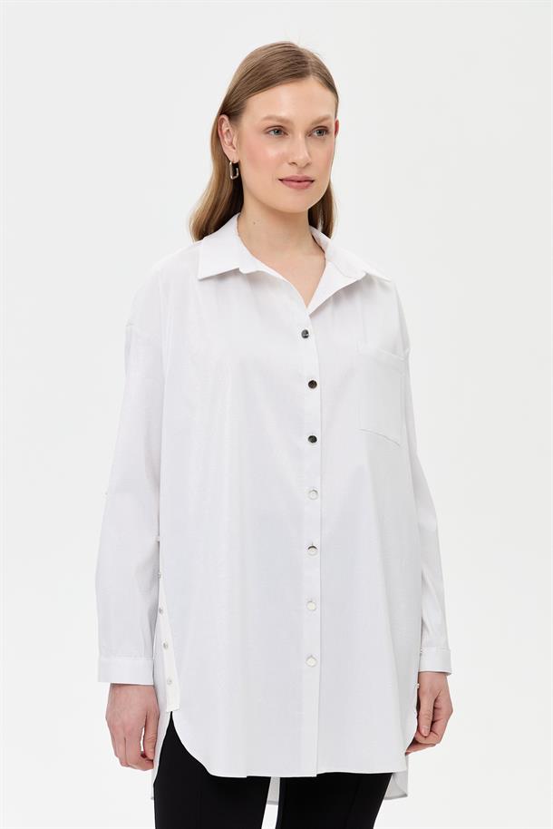 Yanları Zımba Detaylı Simli Gömlek-BEYAZ