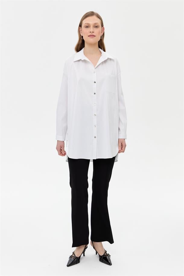 Yanları Zımba Detaylı Simli Gömlek-BEYAZ