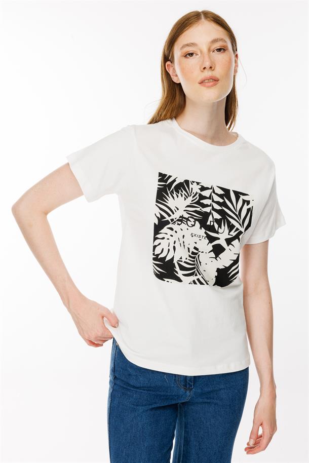 Yaprak Baskı Desenli Tişört-BEYAZ/SİYAH