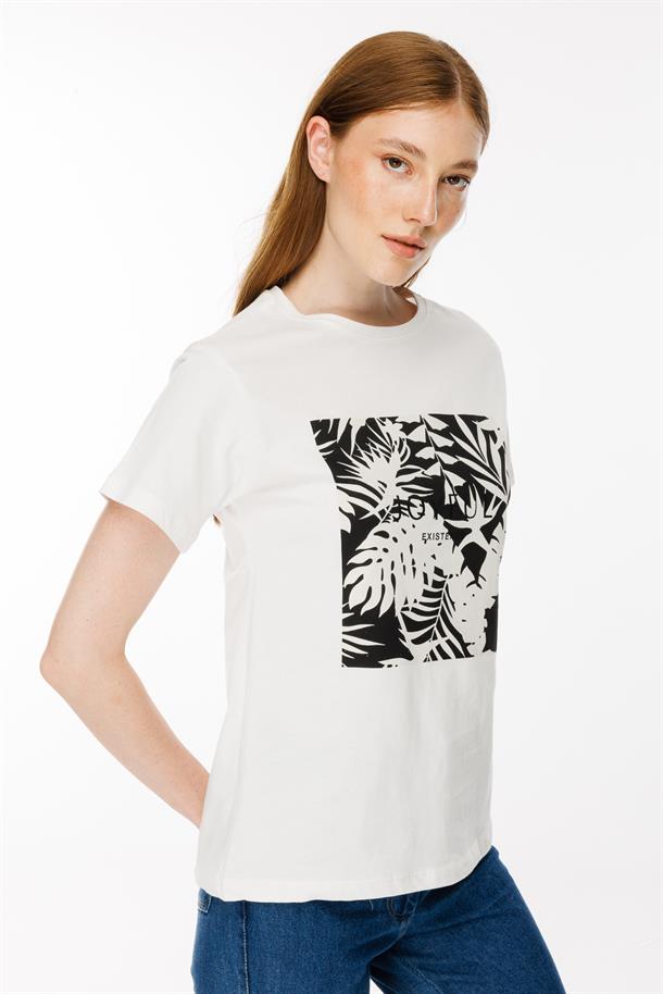Yaprak Baskı Desenli Tişört-BEYAZ/SİYAH