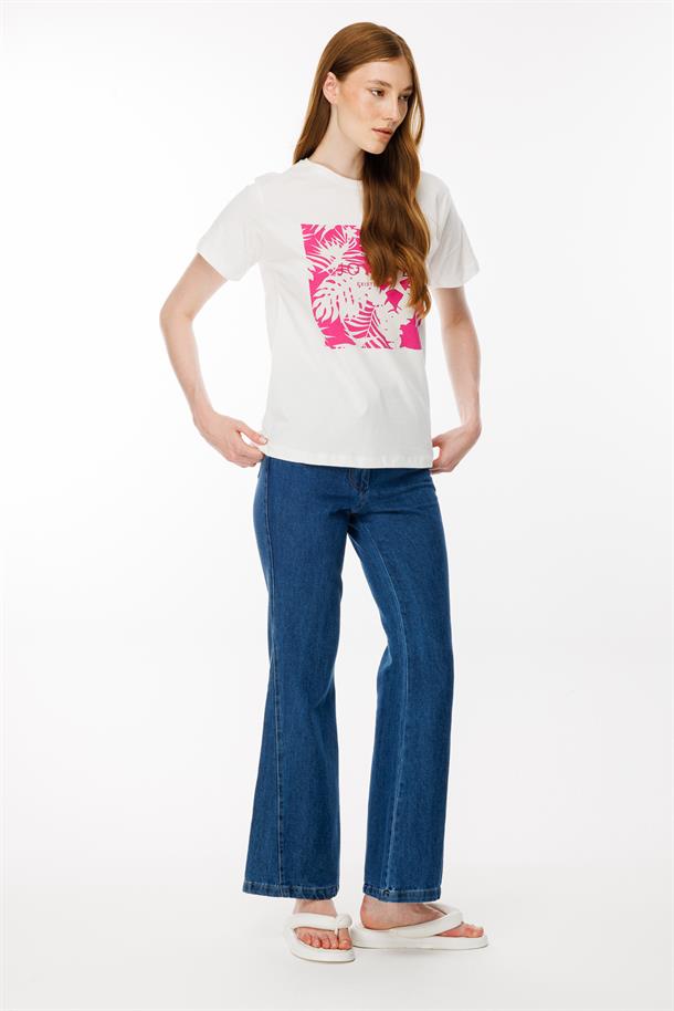 Yaprak Baskı Desenli Tişört-FUJYA/EKRU