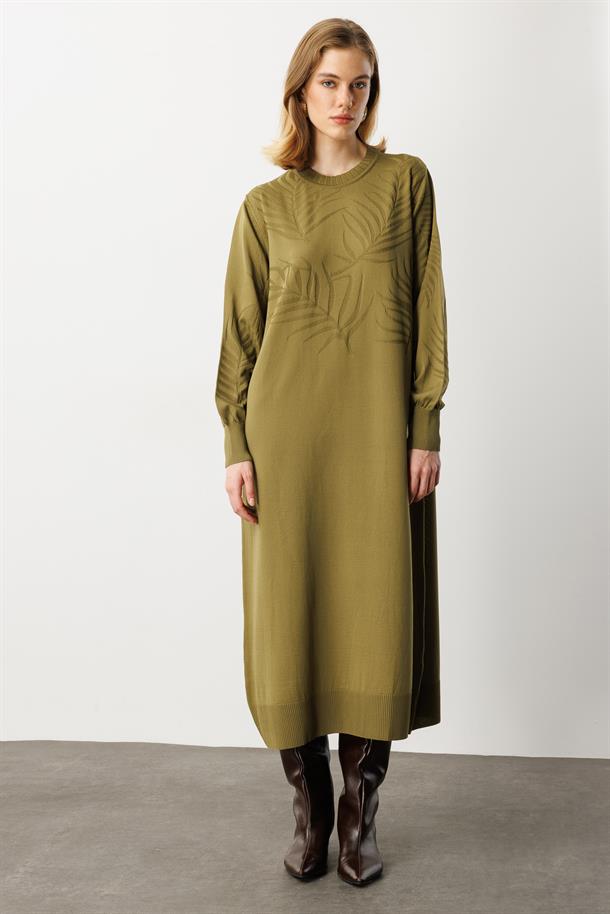 Yaprak Desenli Uzun Triko Elbise-Y.YEŞİLİ