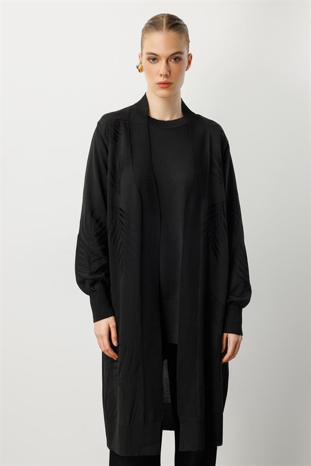 Yaprak Desenli Uzun Triko Hırka-SİYAH