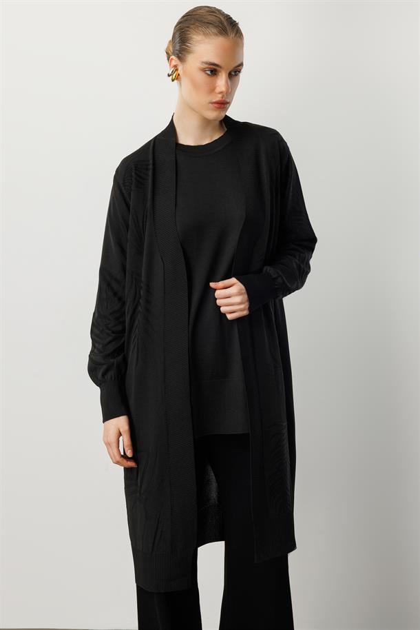 Yaprak Desenli Uzun Triko Hırka-SİYAH