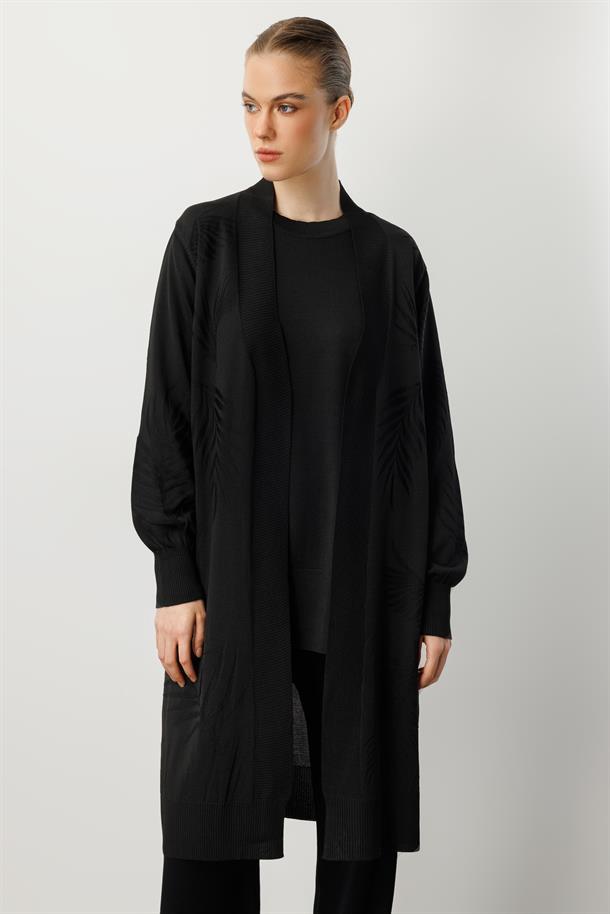 Yaprak Desenli Uzun Triko Hırka-SİYAH