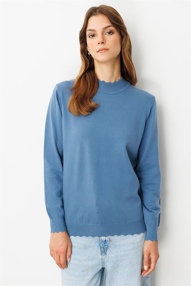 Yarım Balıkçı Angora Triko Kazak-İNDİGO