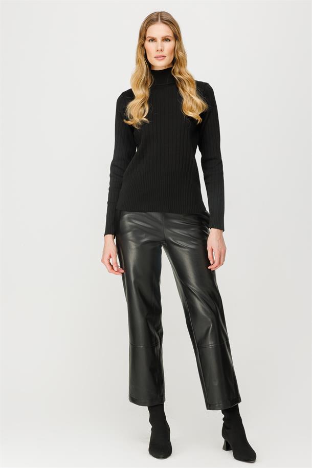 Yarım Balıkçı Fitilli Basic Triko Kazak-SİYAH