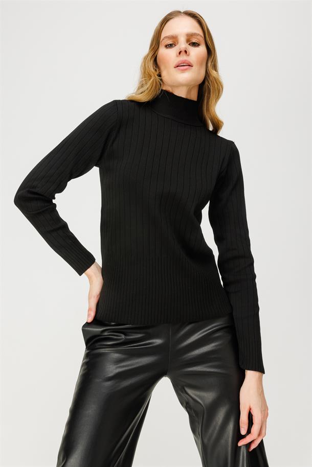 Yarım Balıkçı Fitilli Basic Triko Kazak-SİYAH