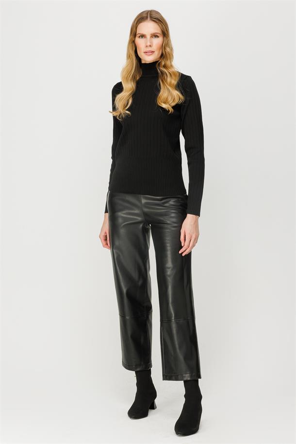 Yarım Balıkçı Fitilli Basic Triko Kazak-SİYAH