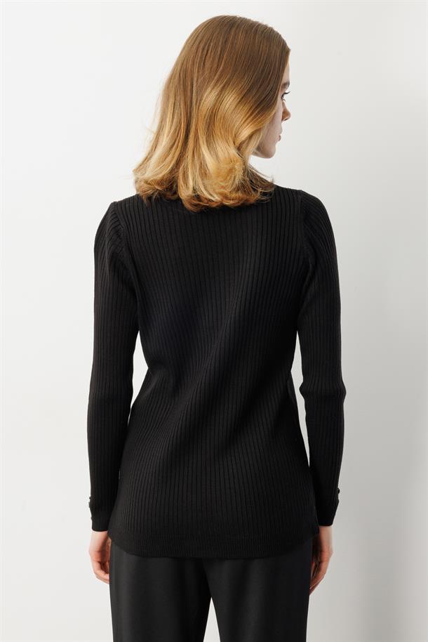 Yarım Balıkçı Fitilli Triko Kazak-SİYAH