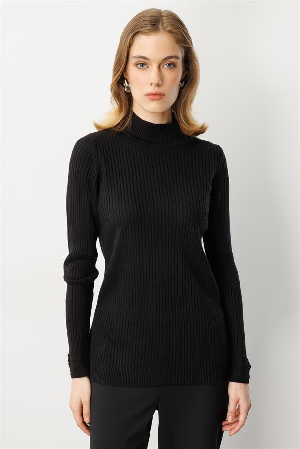 Yarım Balıkçı Fitilli Triko Kazak-SİYAH