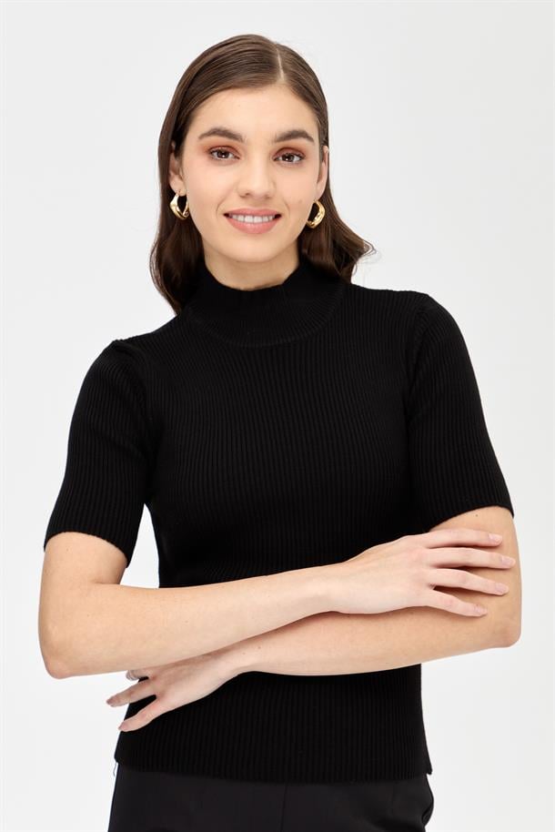 Yarım Balıkçı Kısa Kol Triko Kazak-SİYAH