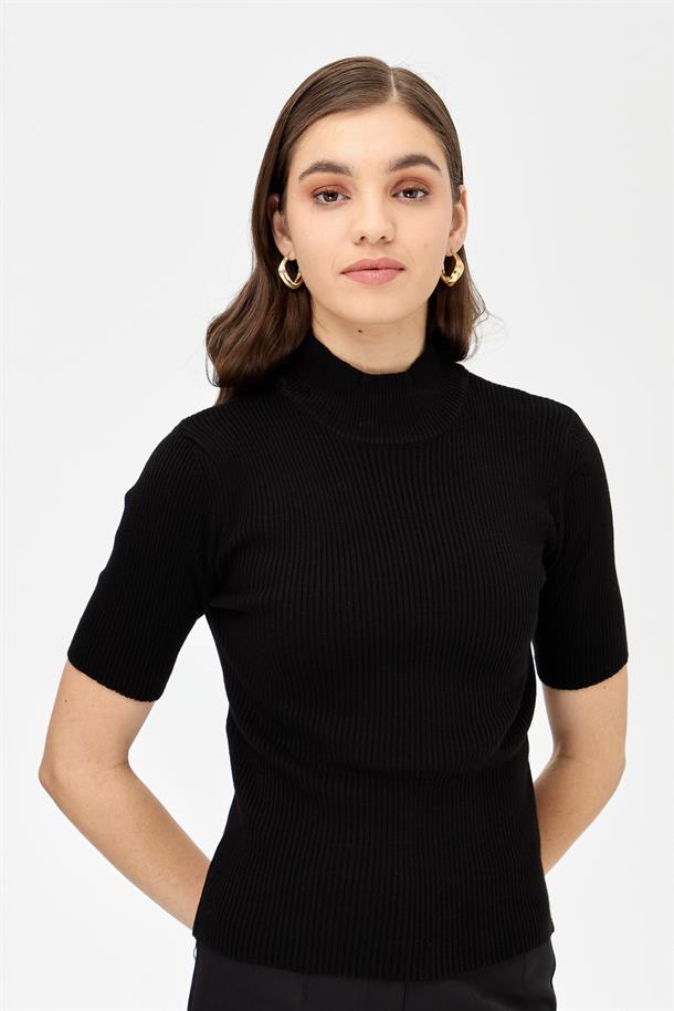 Yarım Balıkçı Kısa Kol Triko Kazak-SİYAH