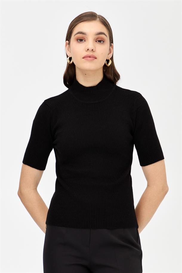 Yarım Balıkçı Kısa Kol Triko Kazak-SİYAH