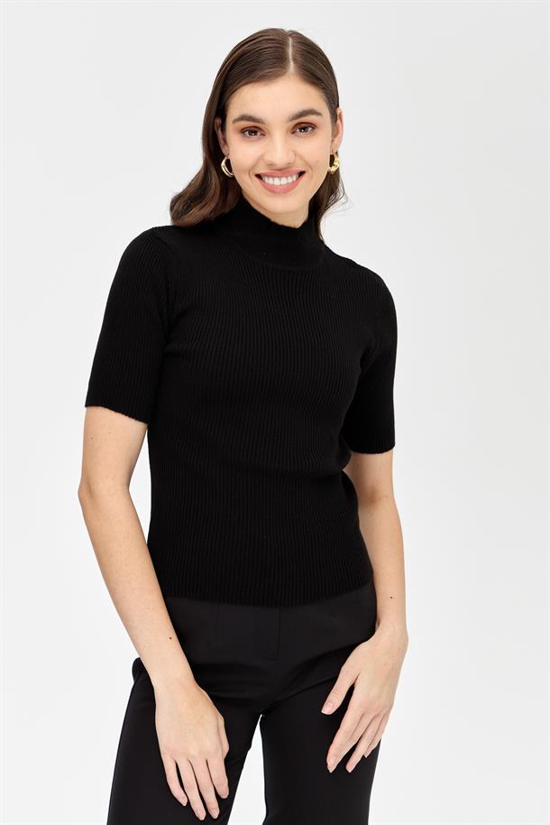 Yarım Balıkçı Kısa Kol Triko Kazak-SİYAH