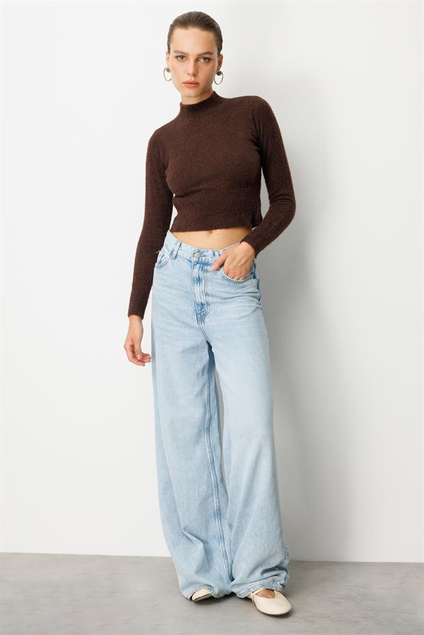 Yarım Balıkçı Kısa Triko Kazak-KAHVE