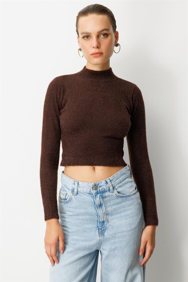 Yarım Balıkçı Kısa Triko Kazak-KAHVE