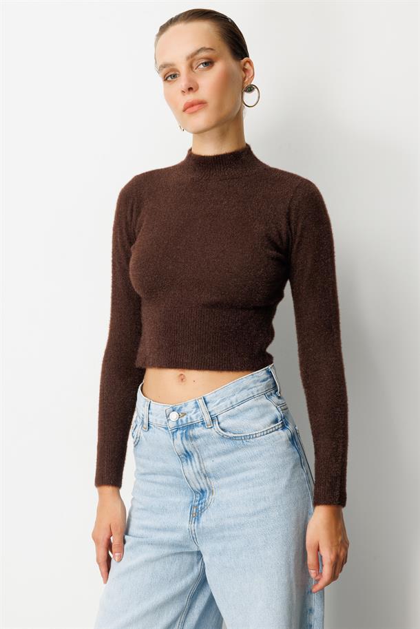 Yarım Balıkçı Kısa Triko Kazak-KAHVE