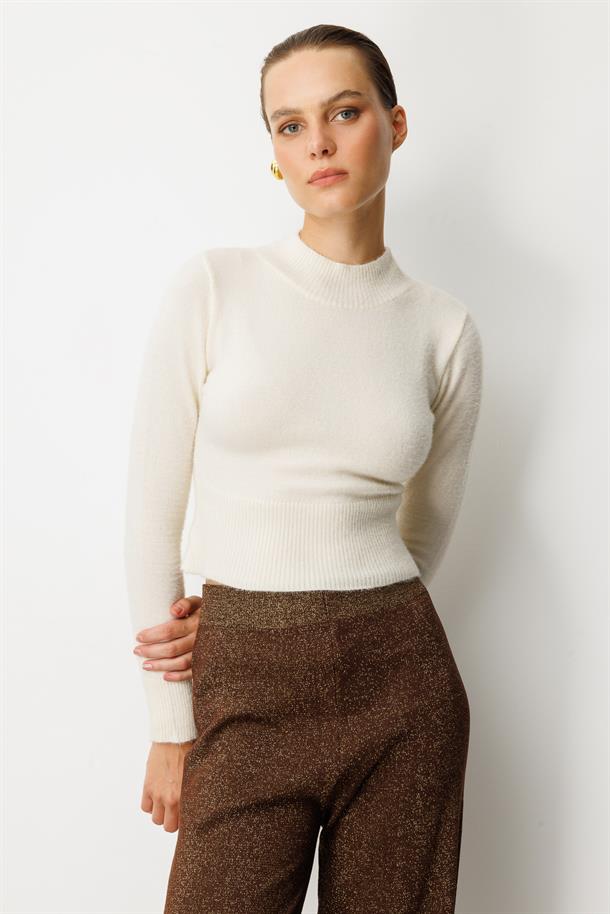 Yarım Balıkçı Kısa Triko Kazak-KREM