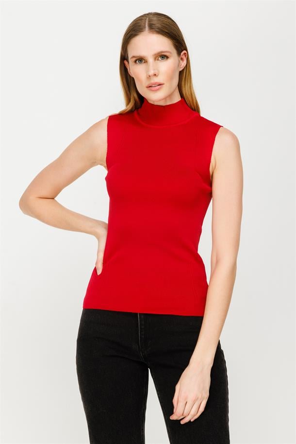 Yarım Balıkçı Kolsuz Basic Triko Kazak-KIRMIZI