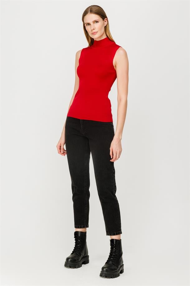 Yarım Balıkçı Kolsuz Basic Triko Kazak-KIRMIZI