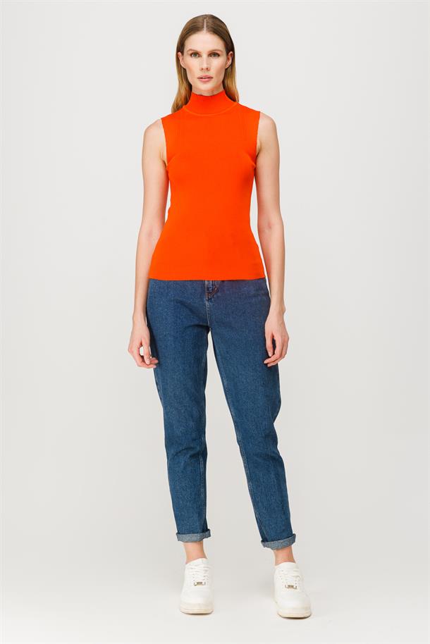 Yarım Balıkçı Kolsuz Basic Triko Kazak-ORANJE