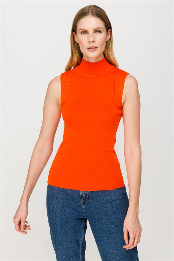 Yarım Balıkçı Kolsuz Basic Triko Kazak-ORANJE