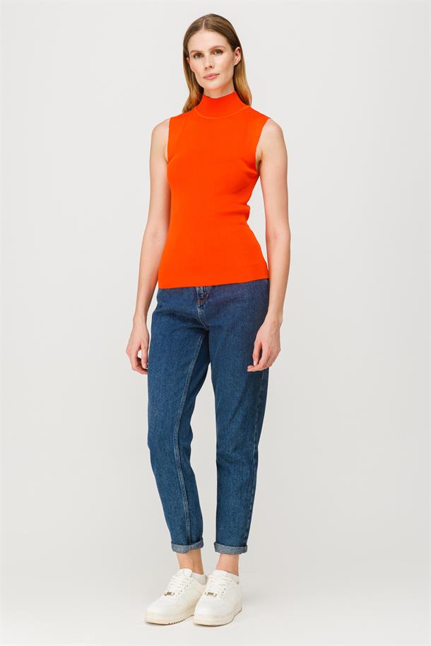 Yarım Balıkçı Kolsuz Basic Triko Kazak-ORANJE