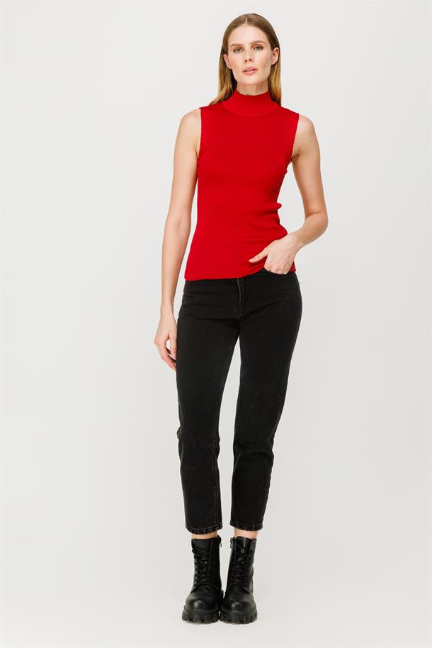 Yarım Balıkçı Kolsuz Basic Triko Kazak-KIRMIZI