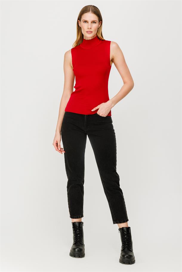 Yarım Balıkçı Kolsuz Basic Triko Kazak-KIRMIZI