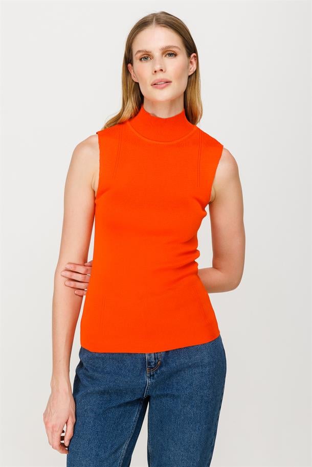 Yarım Balıkçı Kolsuz Basic Triko Kazak-ORANJE