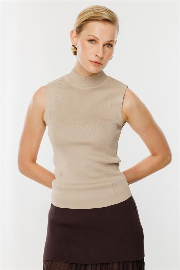 Yarım Balıkçı Kolsuz Triko Kazak-TAŞ