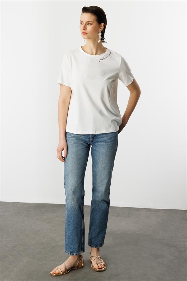 Yazı Detay Pamuklu Bluz-KEMIK