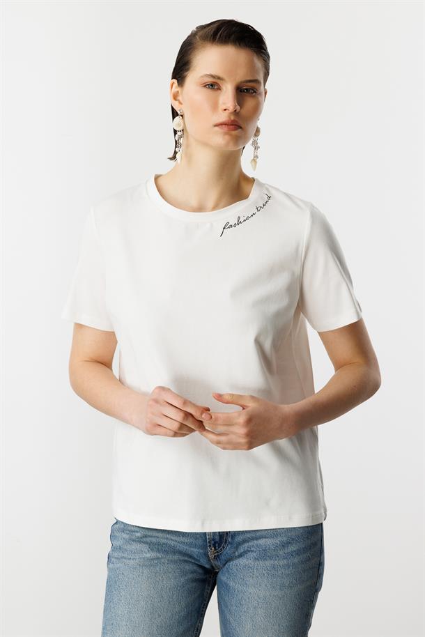 Yazı Detay Pamuklu Bluz-KEMIK