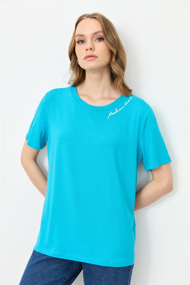 Yazı Detay Pamuklu Bluz-TURKUAZ