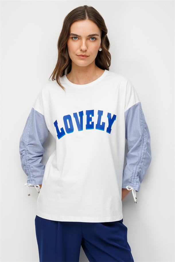 Yazı Detaylı Modal Bluz-MAVİ