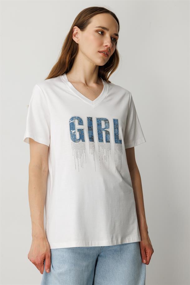 Yazı Detaylı Taşlı Tişört-KEMIK