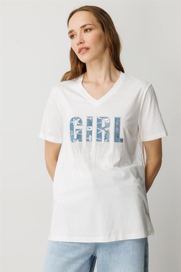 Yazı Detaylı Taşlı Tişört-KEMIK