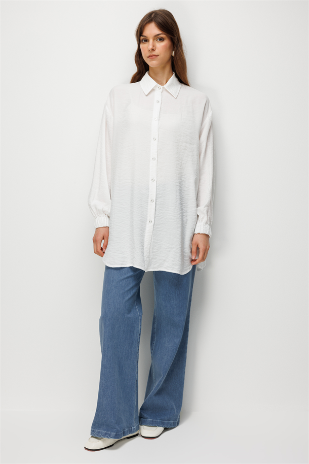 Yırtmaç Detay Jakarlı Tunik Gömlek-KEMIK