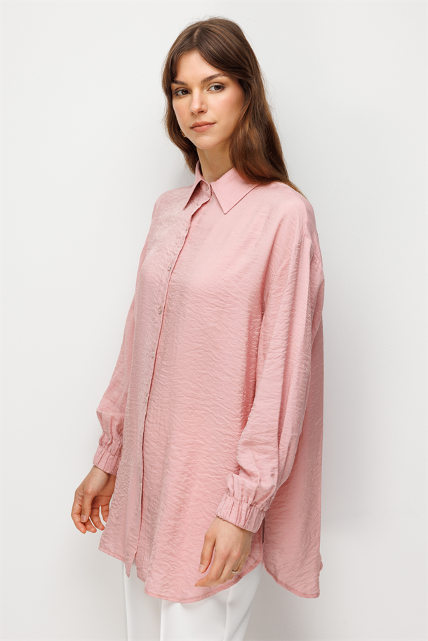 Yırtmaç Detay Jakarlı Tunik Gömlek-PEMBE