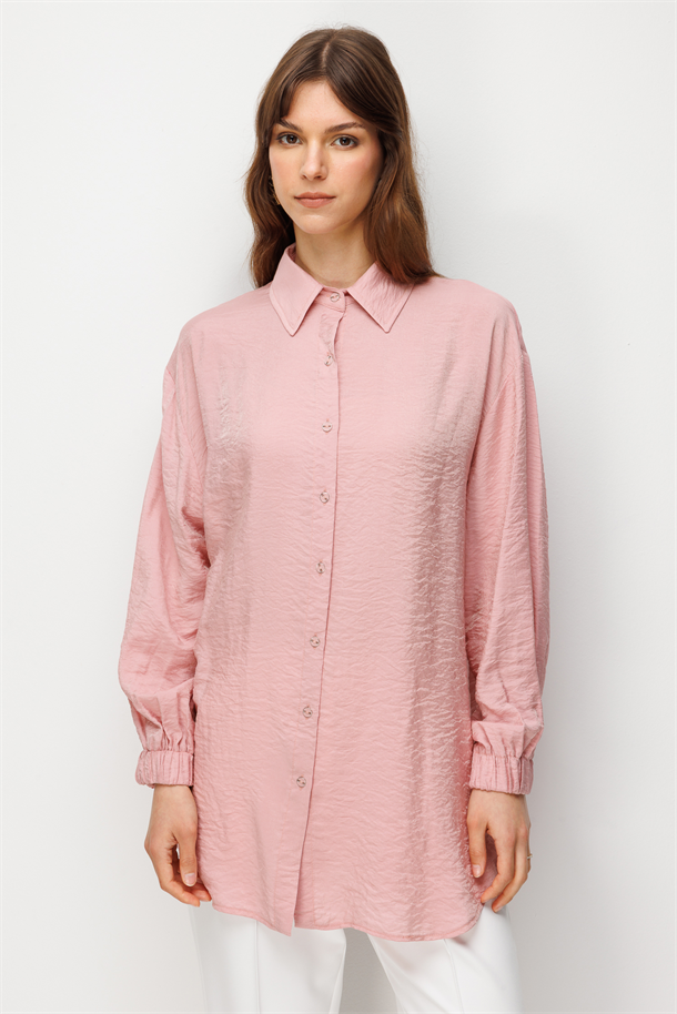 Yırtmaç Detay Jakarlı Tunik Gömlek-PEMBE