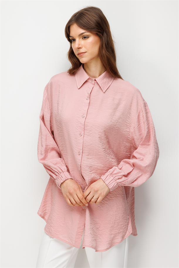 Yırtmaç Detay Jakarlı Tunik Gömlek-PEMBE