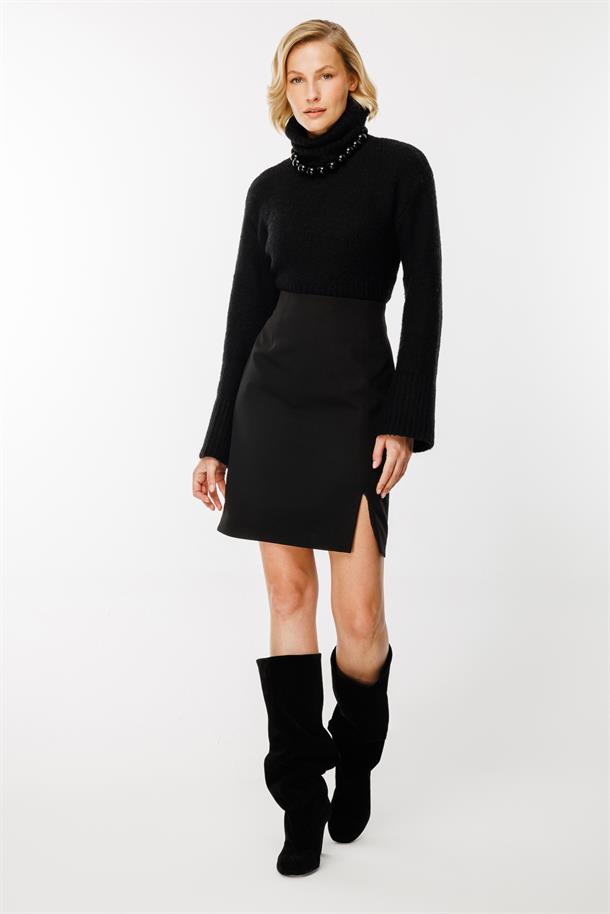 Yırtmaç Detaylı Etek-SİYAH