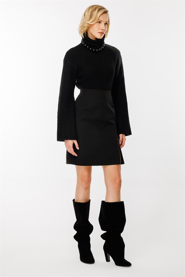 Yırtmaç Detaylı Etek-SİYAH