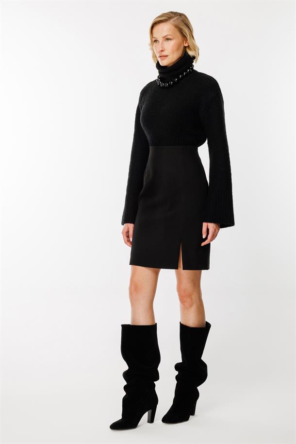 Yırtmaç Detaylı Etek-SİYAH